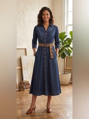 Vicky and Lucas / Denim Midi Shirt Dress Decorative Belt - Sz M
